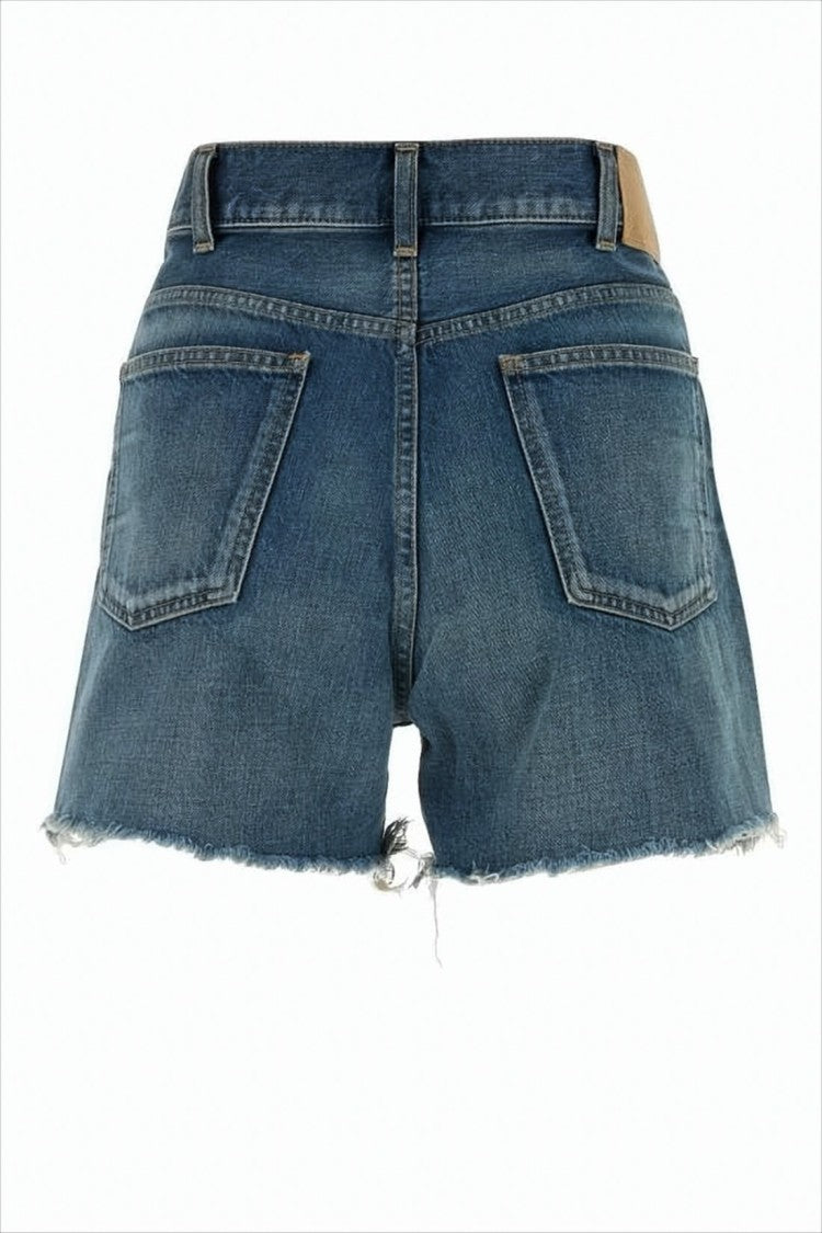 Celine Faded Wash Denim Shorts With Frayed Hems And Classic 5-Pocket Design