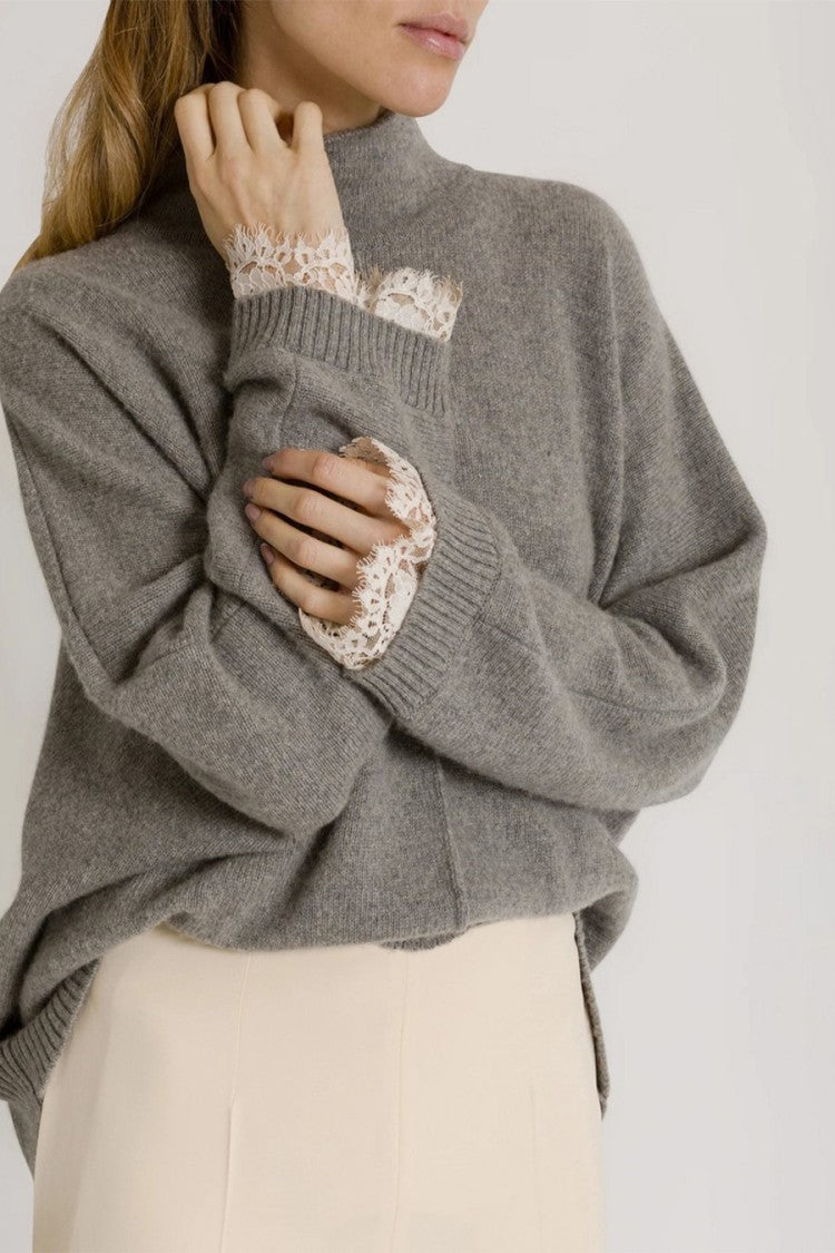 Alberta Ferretti Grey Lace-Trimmed Cuffs Cashmere-Blend Turtleneck Sweater