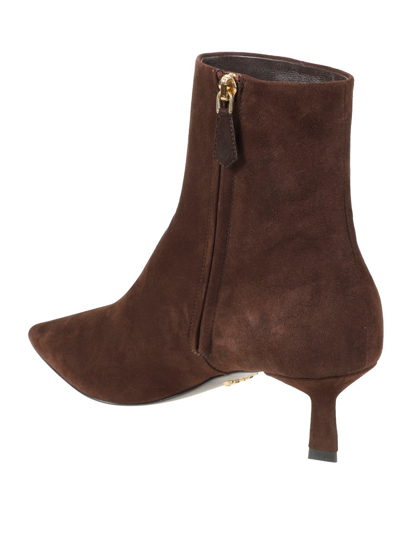 Prada Pointed Toe Suede Ankle Boots With Kitten Heel