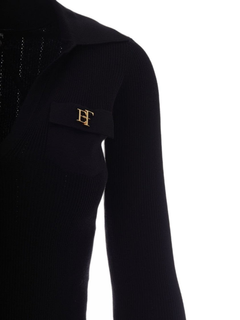 Elisabetta Franchi Black Fitted Knit V-Neck Metallic Dress