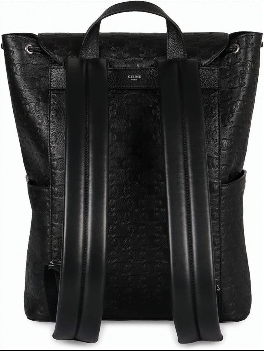 Celine Structured Black Calf Leather Backpack With Metal Buckle Closure