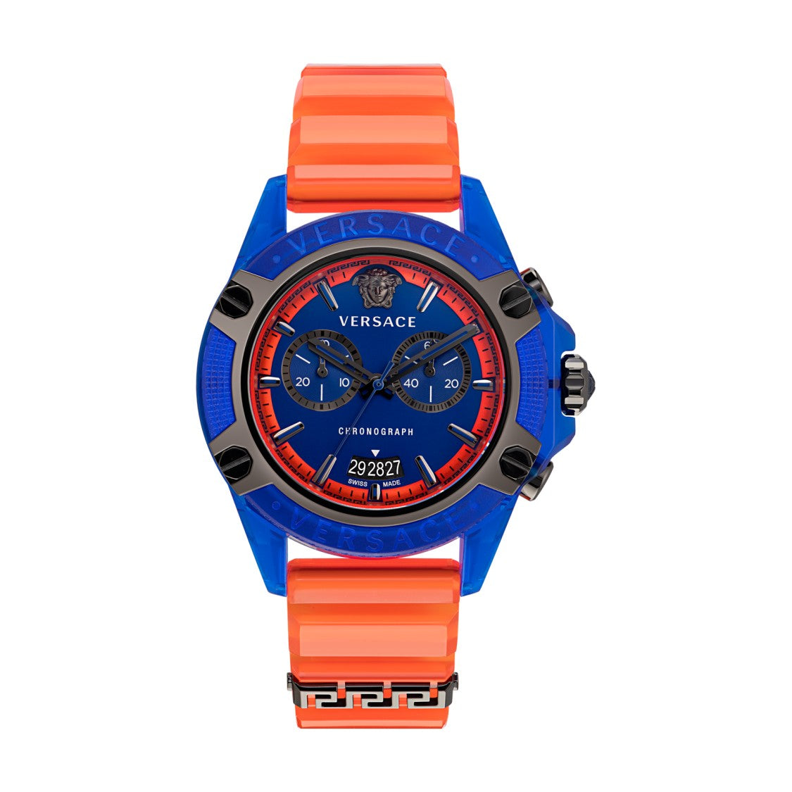 Versace Quartz Chronograph Watch With Blue Dial And Orange Strap