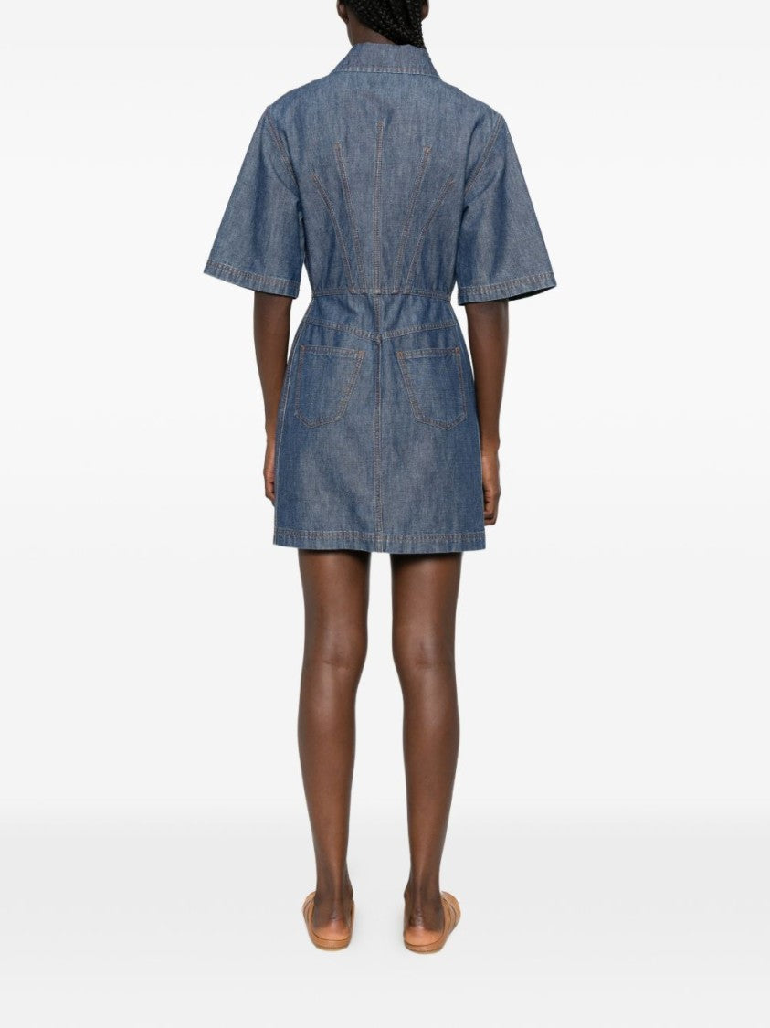 Fendi Structured Denim Contrast Leather Mini Dress