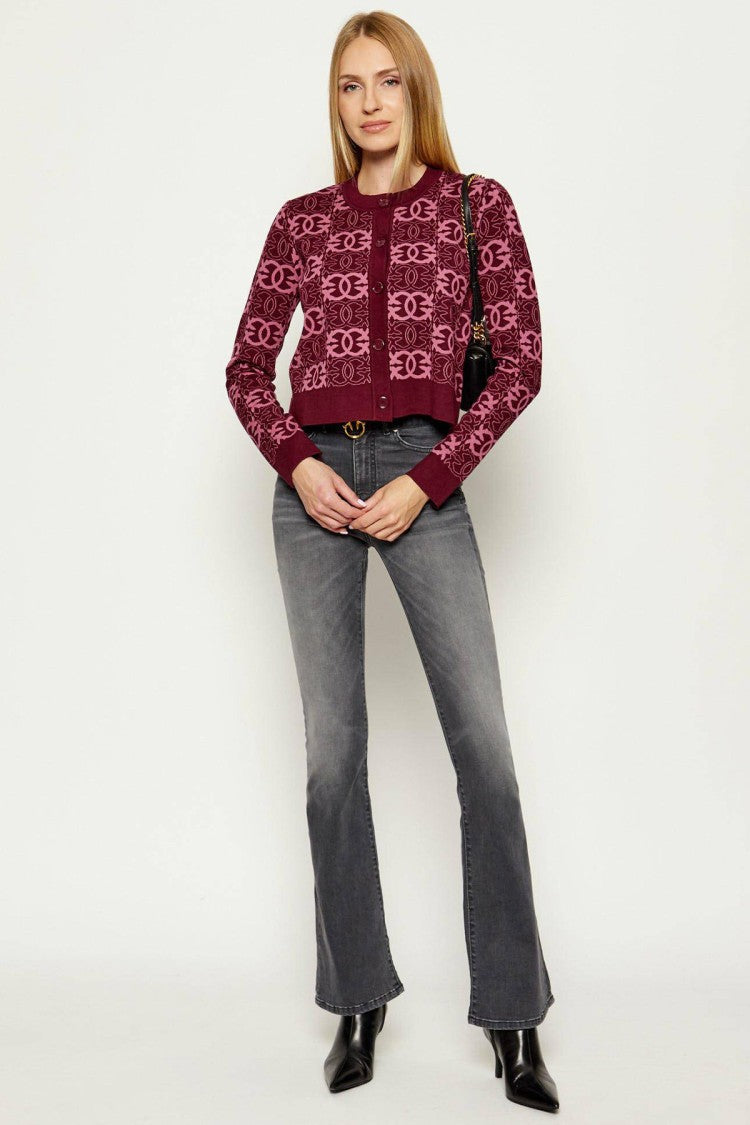Pinko Burgundy Logo Jacquard Button-Front Polyester-Blend Cardigan