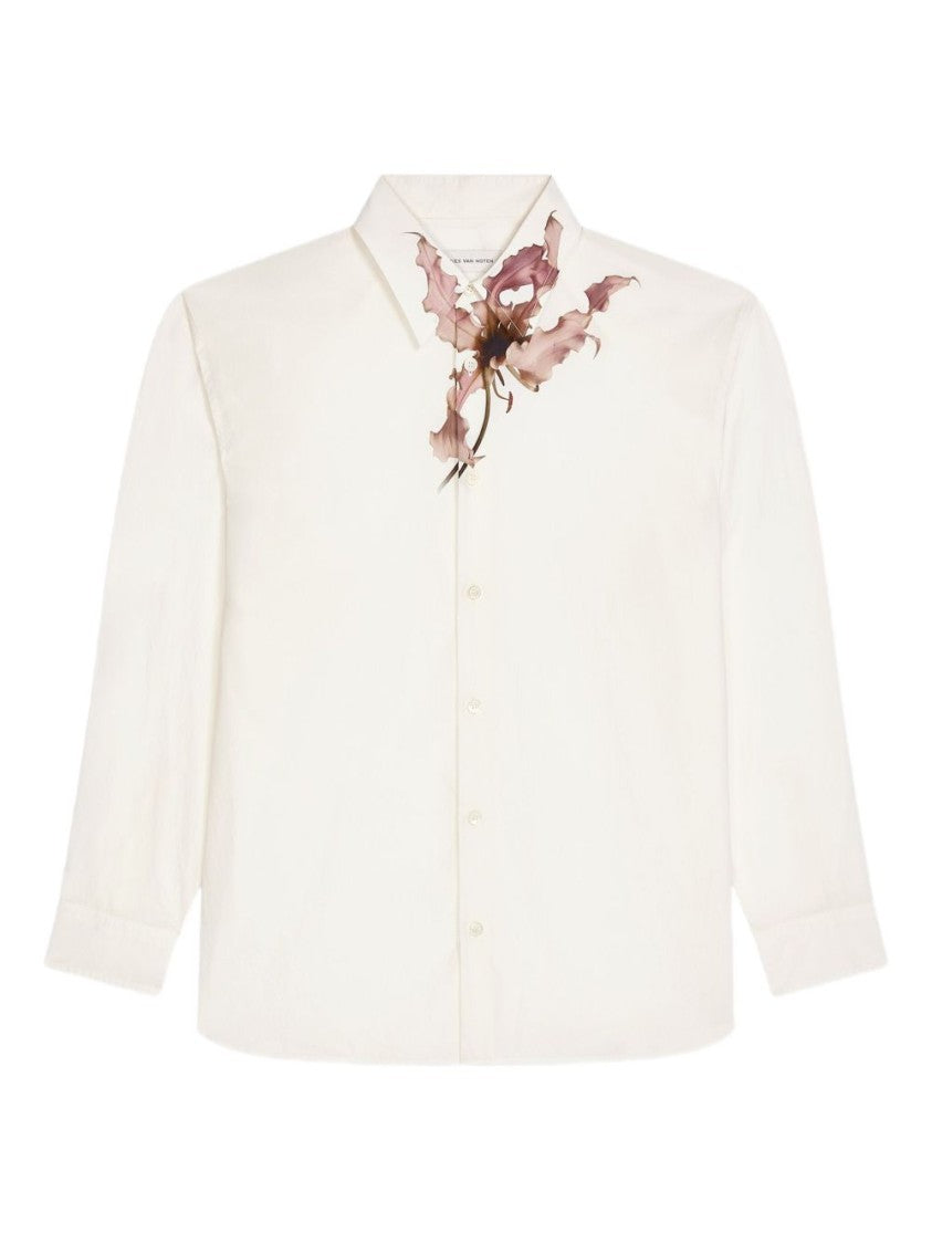 Dries Van Noten Long-Sleeved White Shirt With Floral Accents