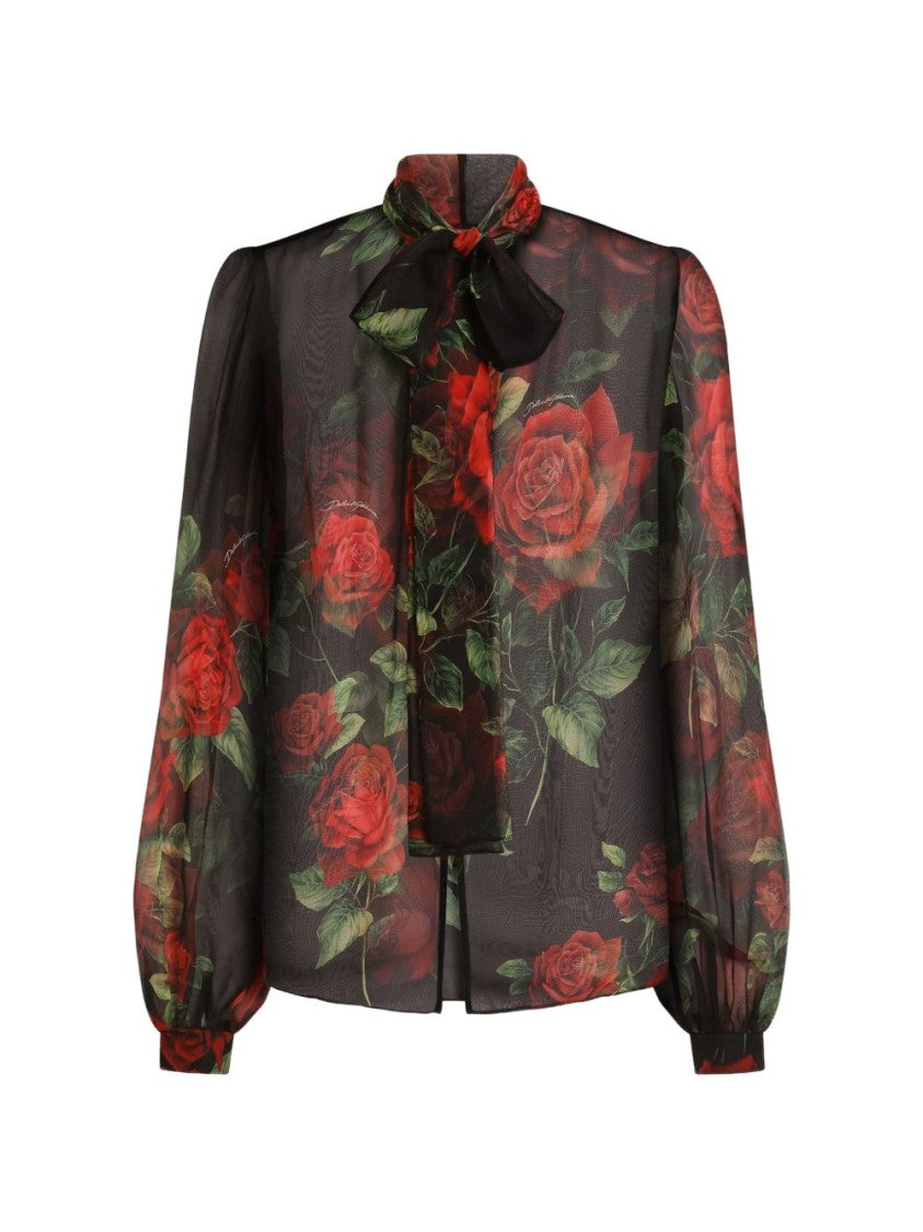 Dolce & Gabbana Puffed Sleeve Rose Print Bow Detail Sheer Blouse