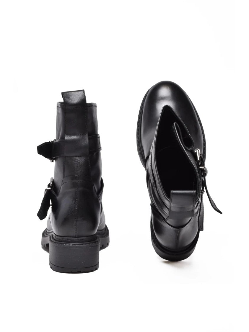 Metisse Black Leather Buckle Biker Boots