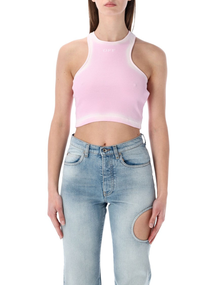 Off-White Ribbed Sleeveless Top With Distinctive Spray Effect