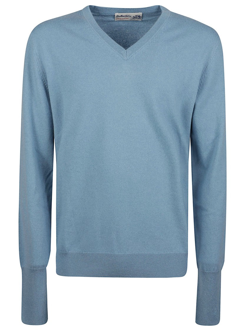 Ballantyne Plain Stitch V-Neck Ribbed Cashmere Knit Sweater