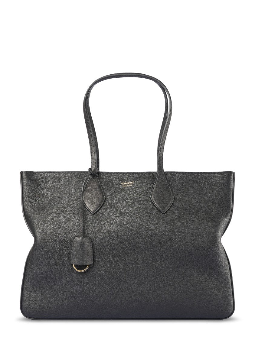 Ferragamo Structured Pebbled Leather Tote With Gold Details