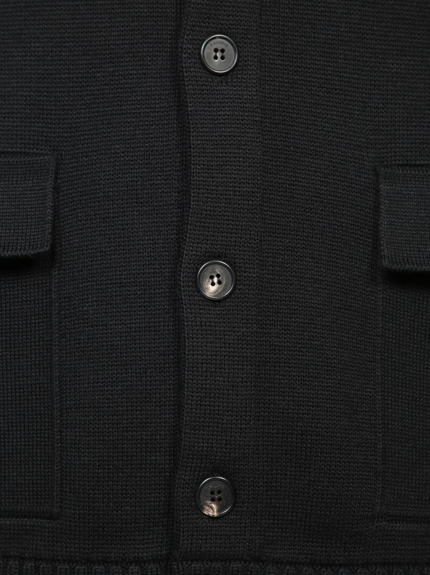 Zanone Ribbed Black Cardigan With High Neck And Pockets