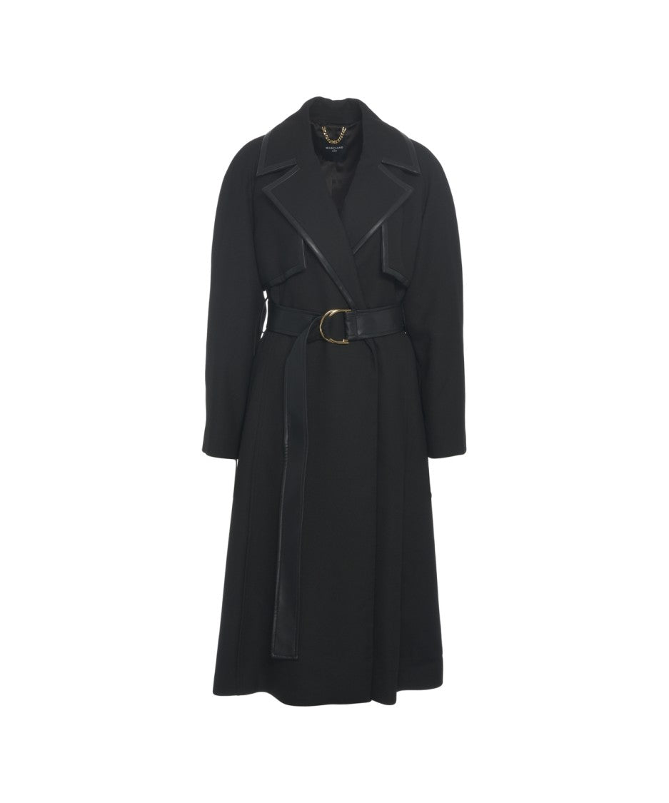Guess By Marciano Long Black Coat With Leather Detailing And Gold Buckle Closure