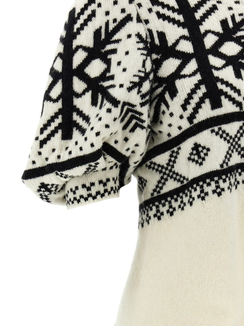 Sacai Wool Blend Jacquard Sweater With Asymmetrical Hem And Puff Sleeves