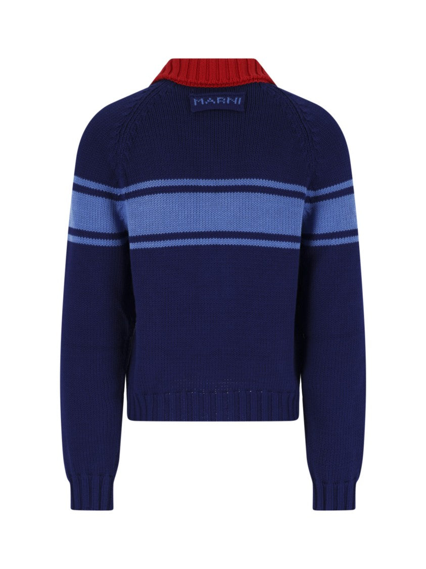 Marni Contrasting Classic Collar Blue Cotton Cardigan By Marni