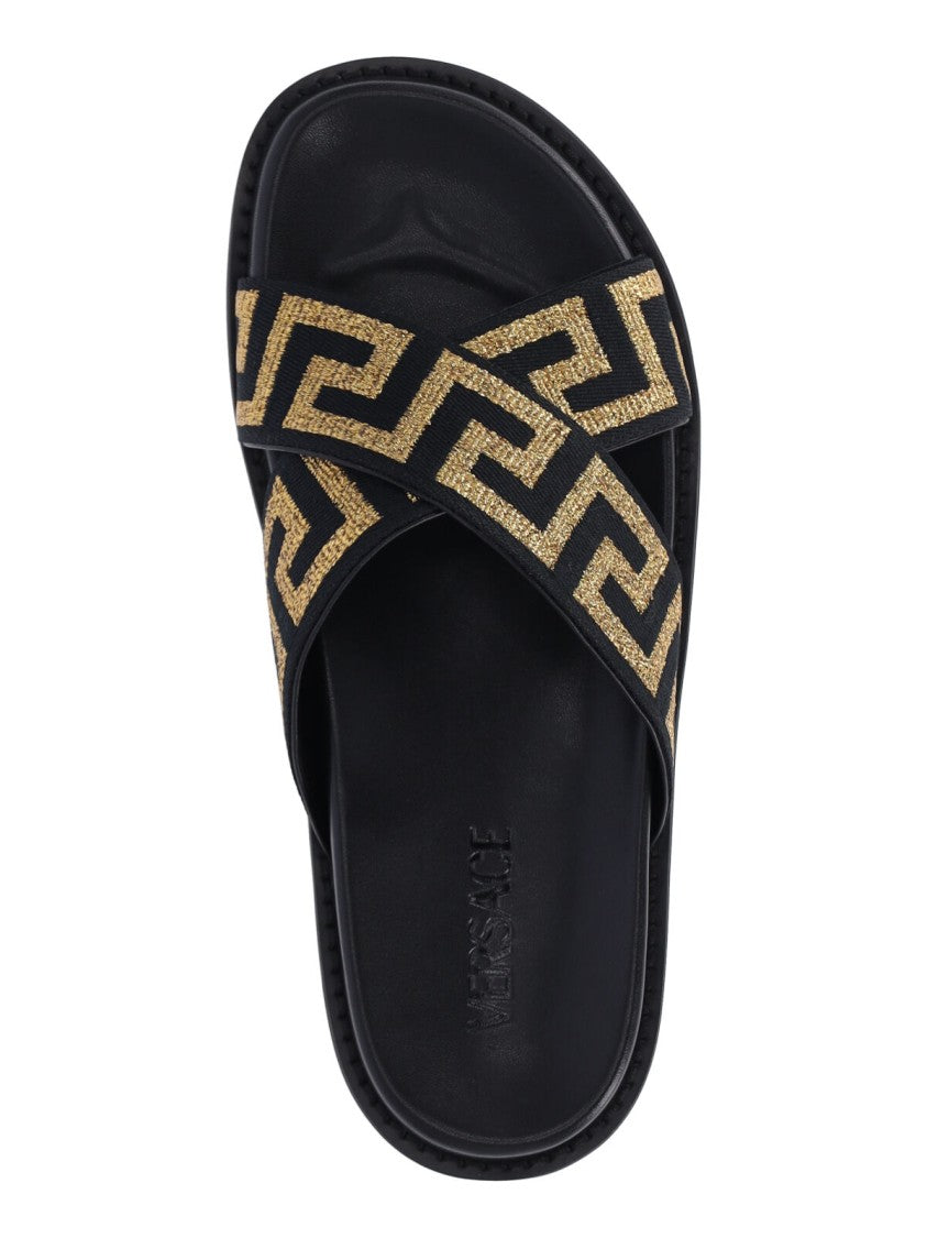 Versace Cross-Strap Slip-On Sandals With Gold Greca Motif