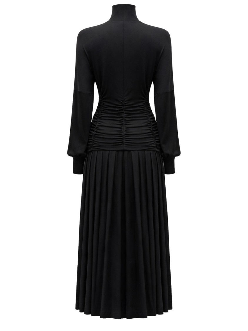 Ganni High-Neck Ruched Bodice Pleated Midi Dress