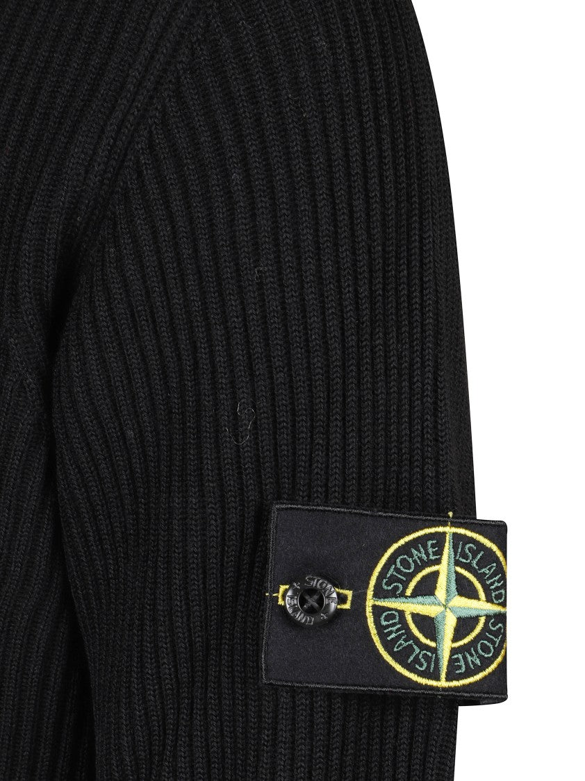 Stone Island Ribbed Textured Black Sweater With Distinctive Logo Patch