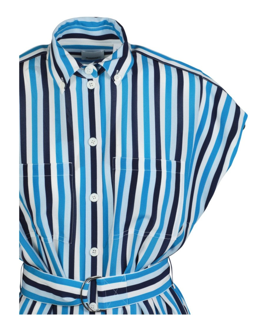 Burberry Striped Silk Shirt Dress With Removable Belt And Utility Pockets