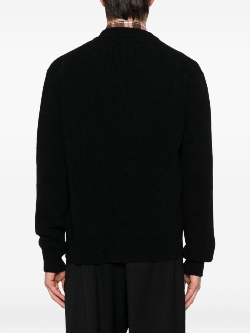 Seven Gauge Black Wool Cardigan With V-Neckline And Button-Down Front