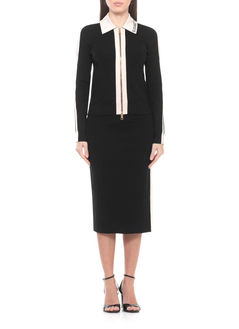 Elisabetta Franchi Black Zip Front Logo Viscose Sweater
