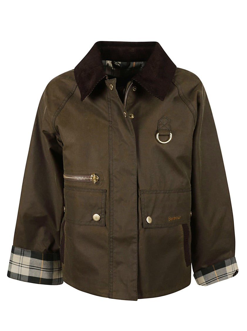 Barbour Cropped Waxed Jacket With Corduroy Collar And Plaid Lining