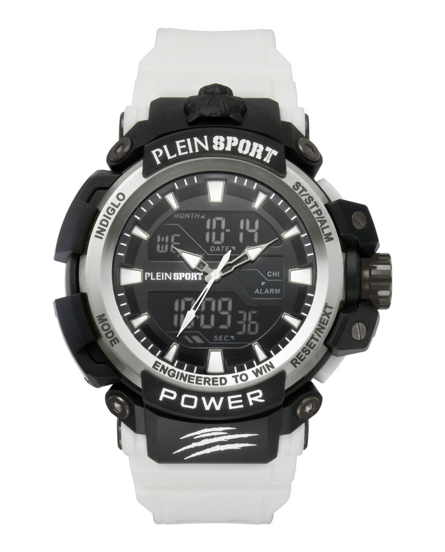 Plein Sport Digital Combat Watch With Rugged Black Case And Silicone Strap