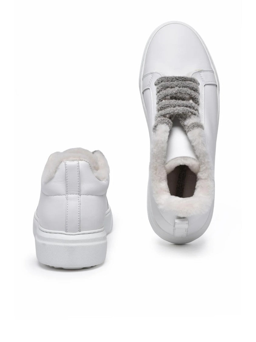Eleventy White Rounded Toe Plush Interior Leather Sneakers