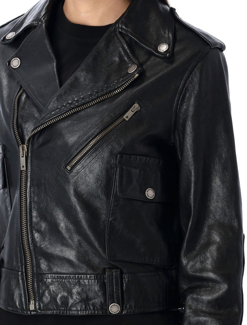 Golden Goose Cropped Black Leather Biker Jacket With Zip