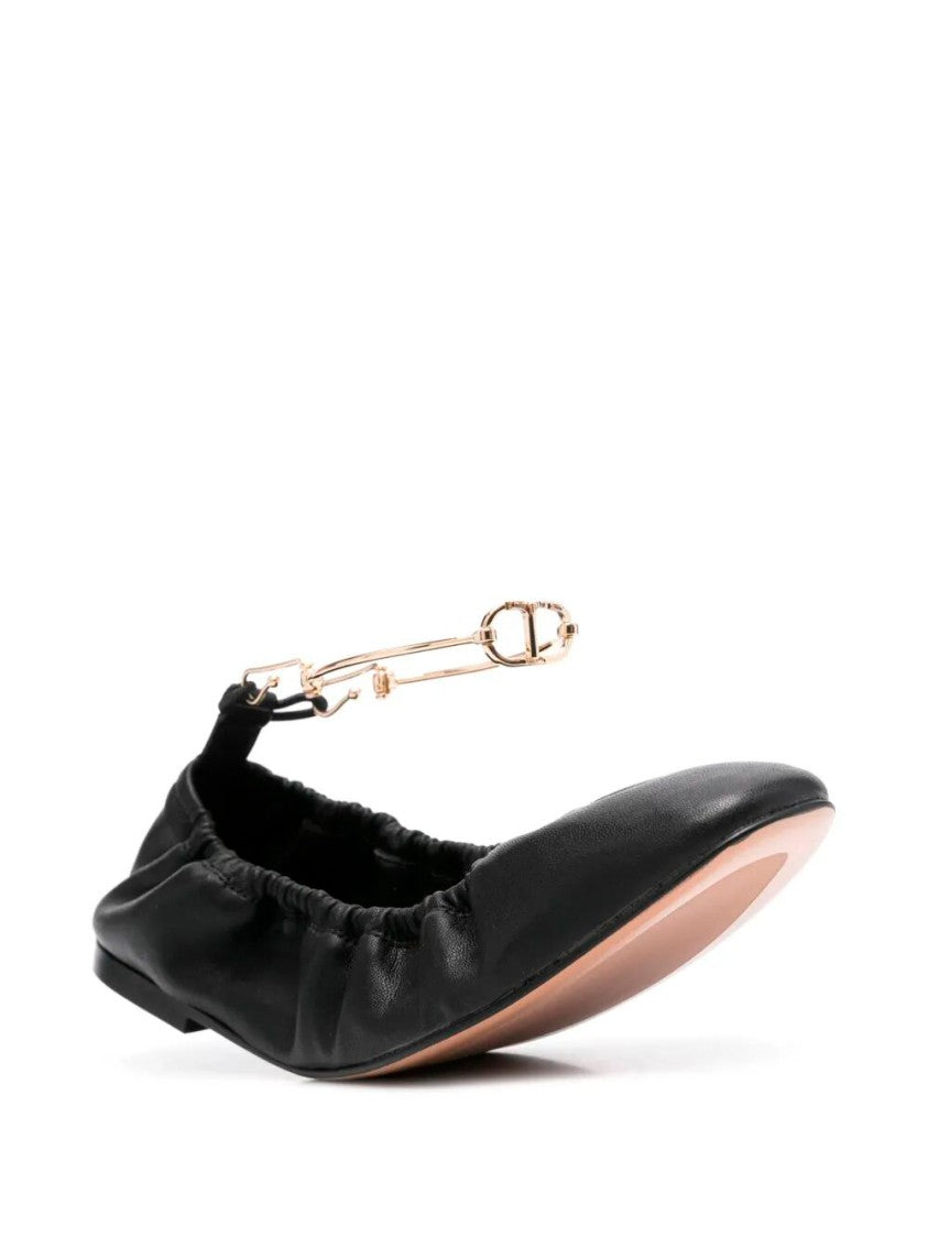 Twin-Set Gathered Black Ballerinas With Delicate Ankle Strap