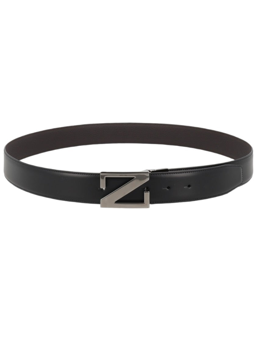 Zegna Black Leather Silver Buckle Belt
