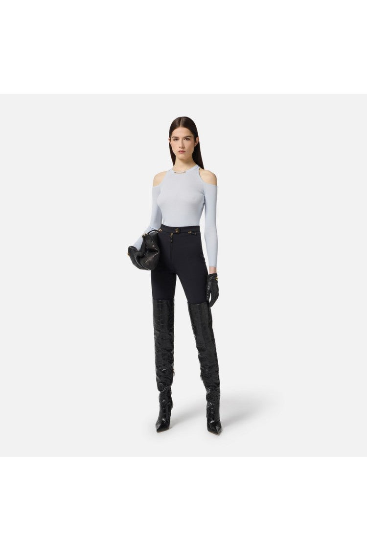 Elisabetta Franchi Black Logo Button Flap Pocket Polyester-Blend Cropped Pants