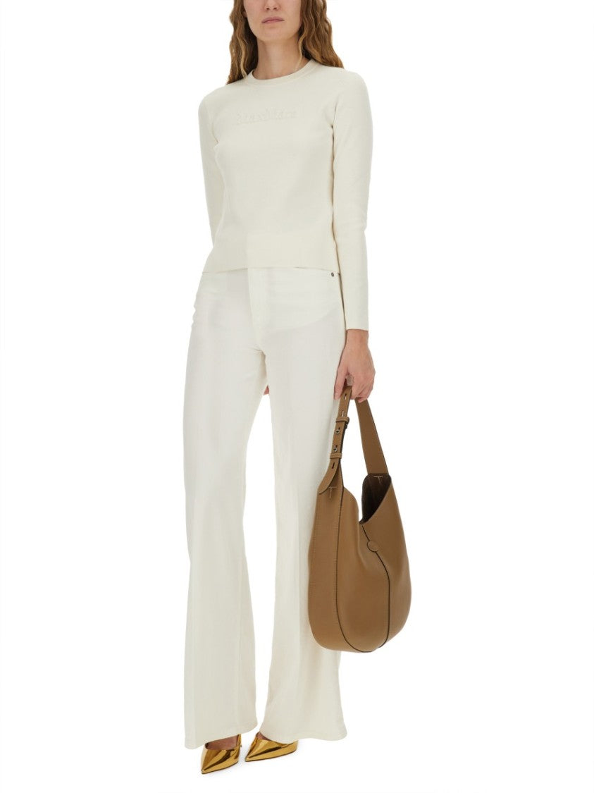 Max Mara Fitted White Jersey Top With Embossed Logo