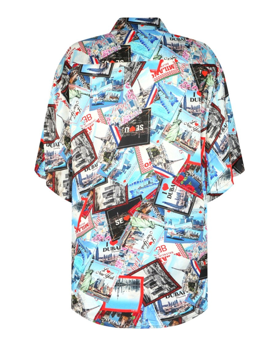 Balenciaga Postcard Print Silk Short-Sleeve Shirt