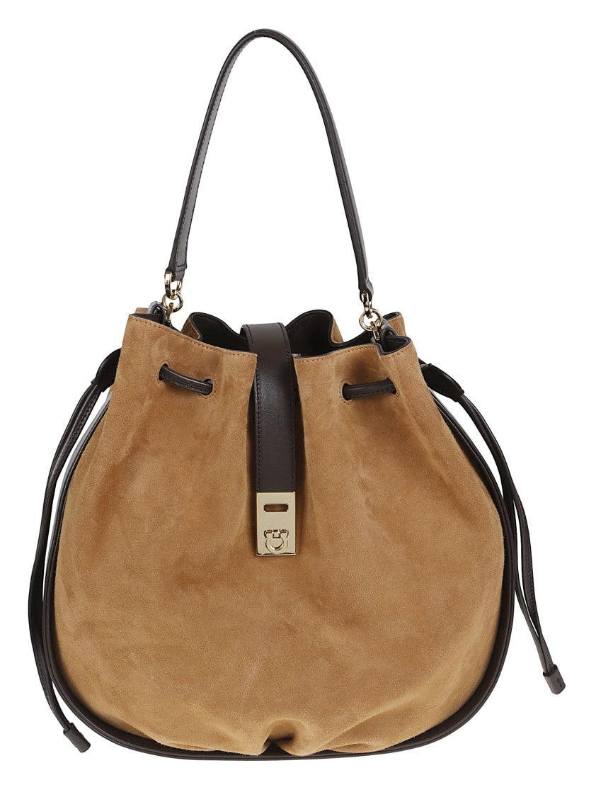 Ferragamo Suede Bucket Bag With Crocodile-Effect Print And Dual Carry Options