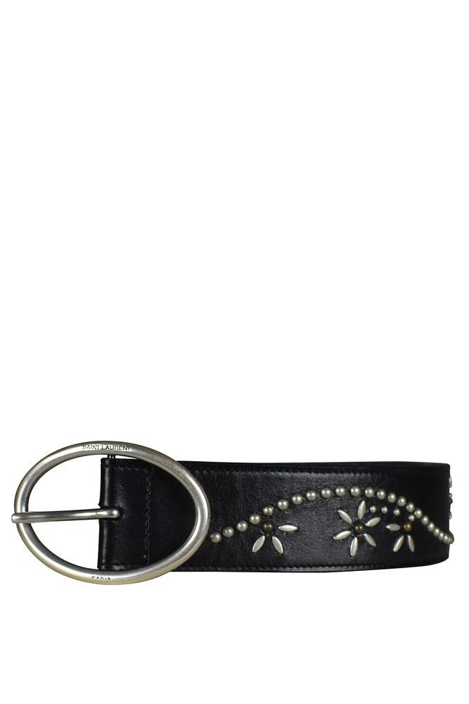 Saint Laurent Floral-Studded Leather Belt With Silver-Plated Buckle