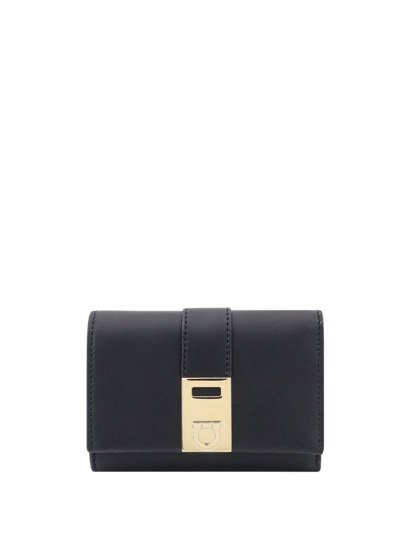 Ferragamo Sleek Calfskin Wallet With Gold-Tone Clasp
