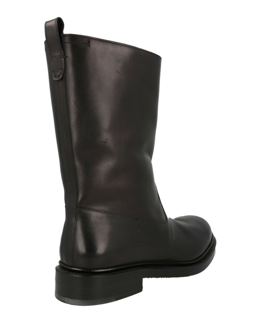 Brioni Mid-Calf Leather Boots With Faux Fur Lining And Stacked Heel