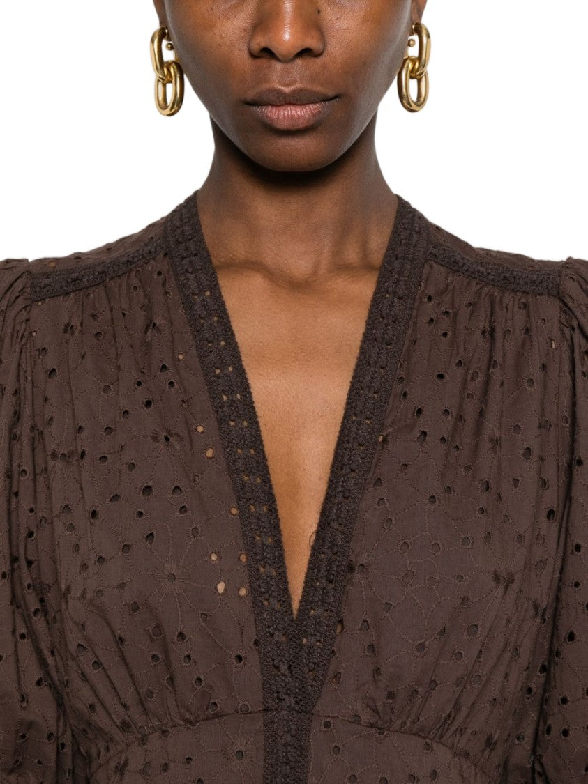 Twin-Set Brown Lace Trim Puff Day Dress