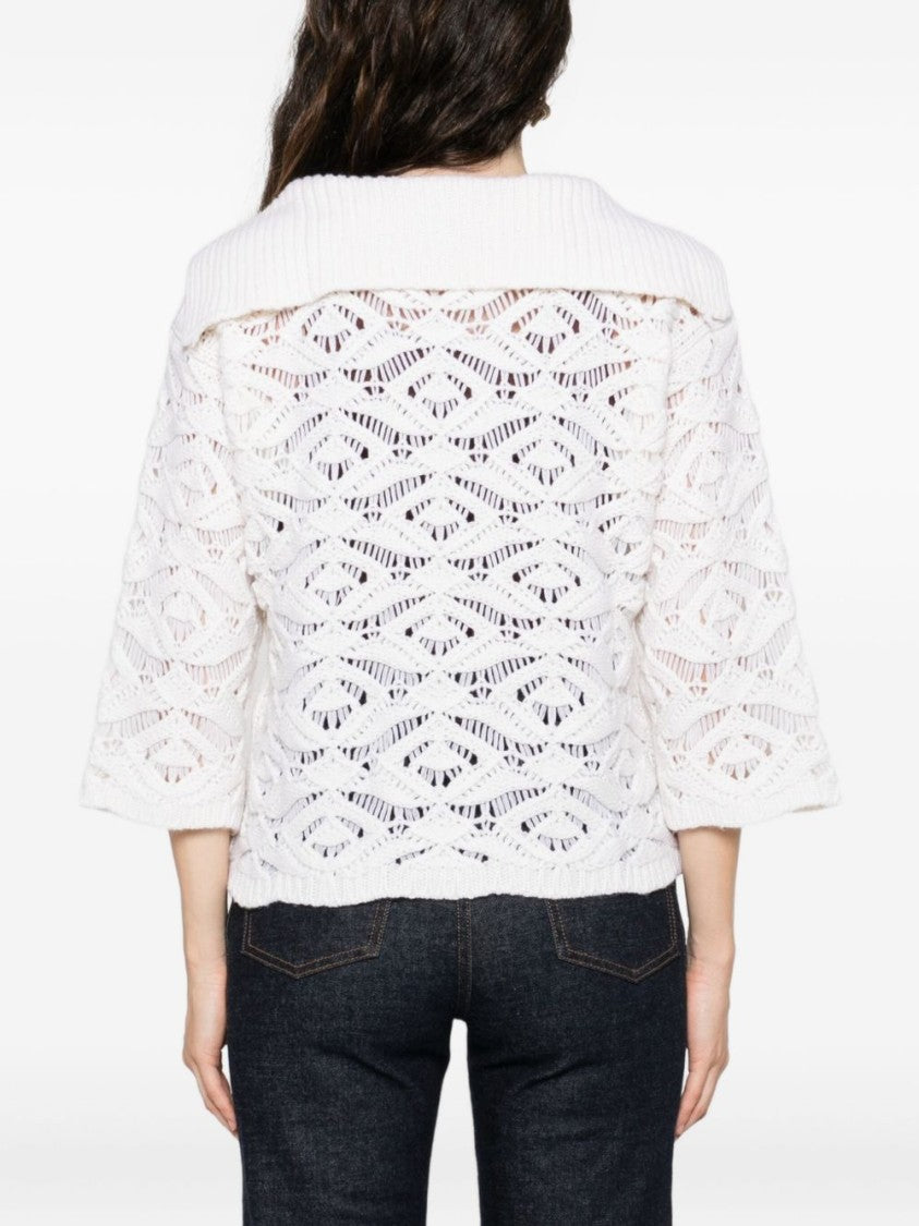 Tabaroni Cashmere Openwork White Knit Top With Scalloped Hem