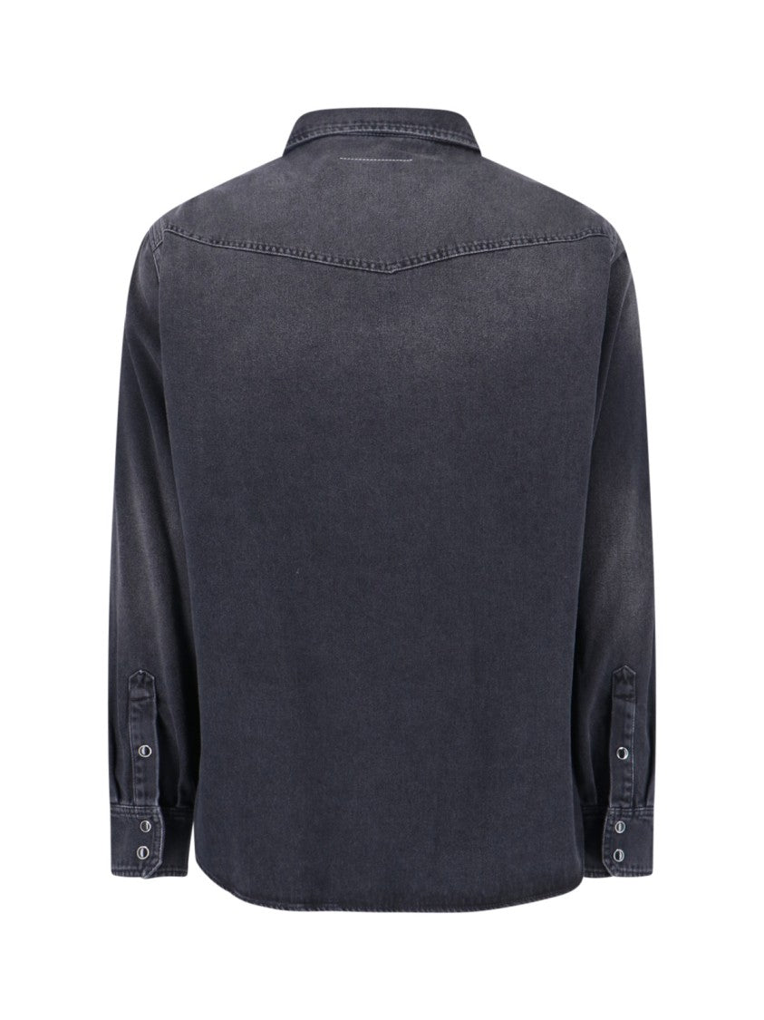 Mm6 By Maison Margiela Black Denim Shirt With Visible Stitching And Curved Hem