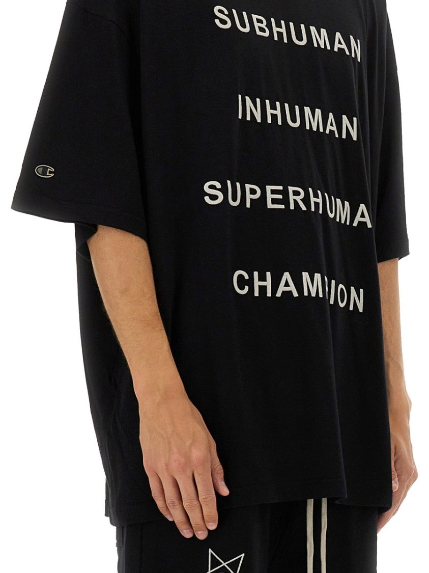 Champion X Rick Owens Oversized Black T-Shirt With Contrasting Bold Text