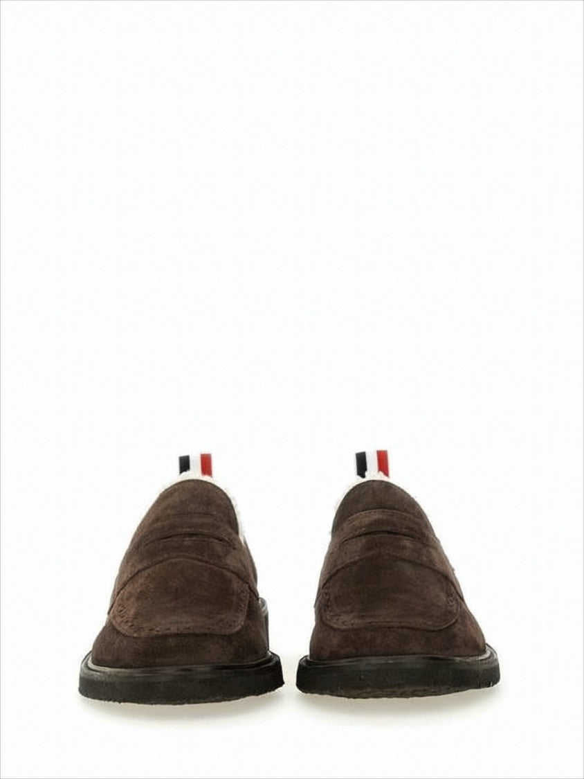 Thom Browne Dark Brown Suede Loafers With Shearling Lining And Tricolor Detail