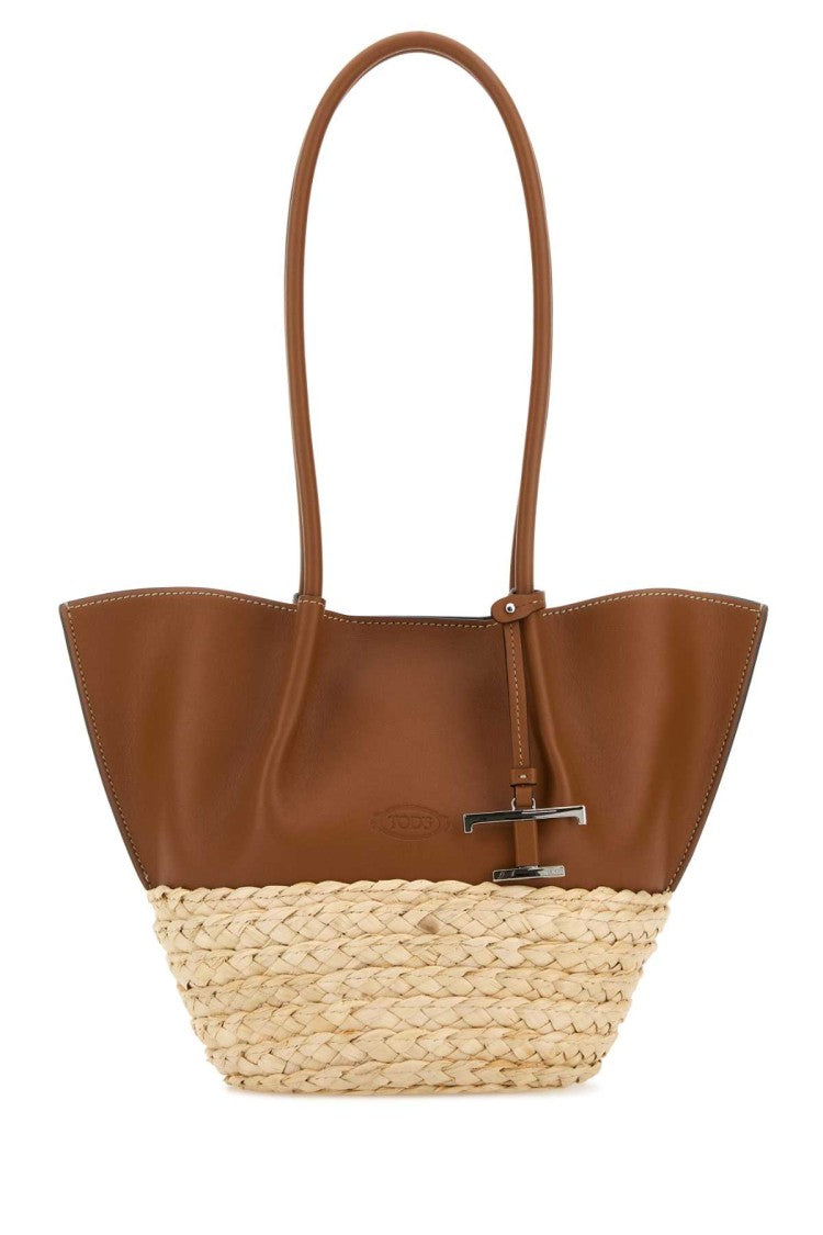 Tod's Two-Tone Leather And Raffia Small Shopping Bag