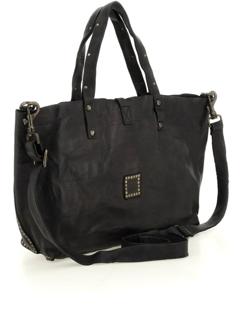 Campomaggi Large Black Leather Tote Bag With Silver-Tone Accents