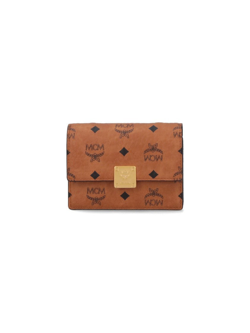 Mcm Logo Print Brown Wallet With Chain Strap