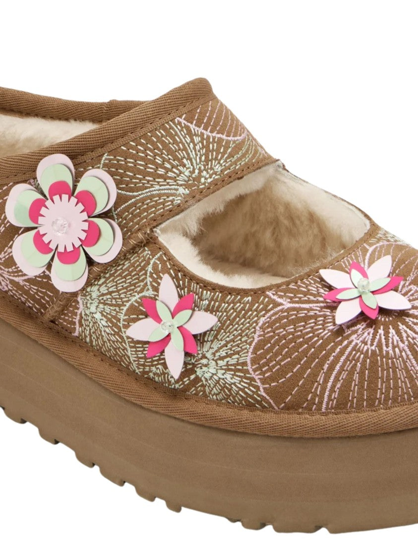 Ugg Brown 3D Floral Embroidery Suede Flats