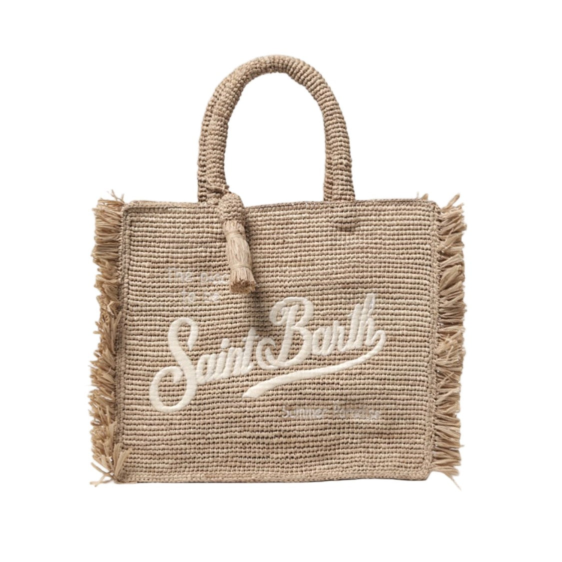 Mc2 Saint Barth Rectangular Woven Raffia Handbag With Fringed Edges And Embroidered Detail