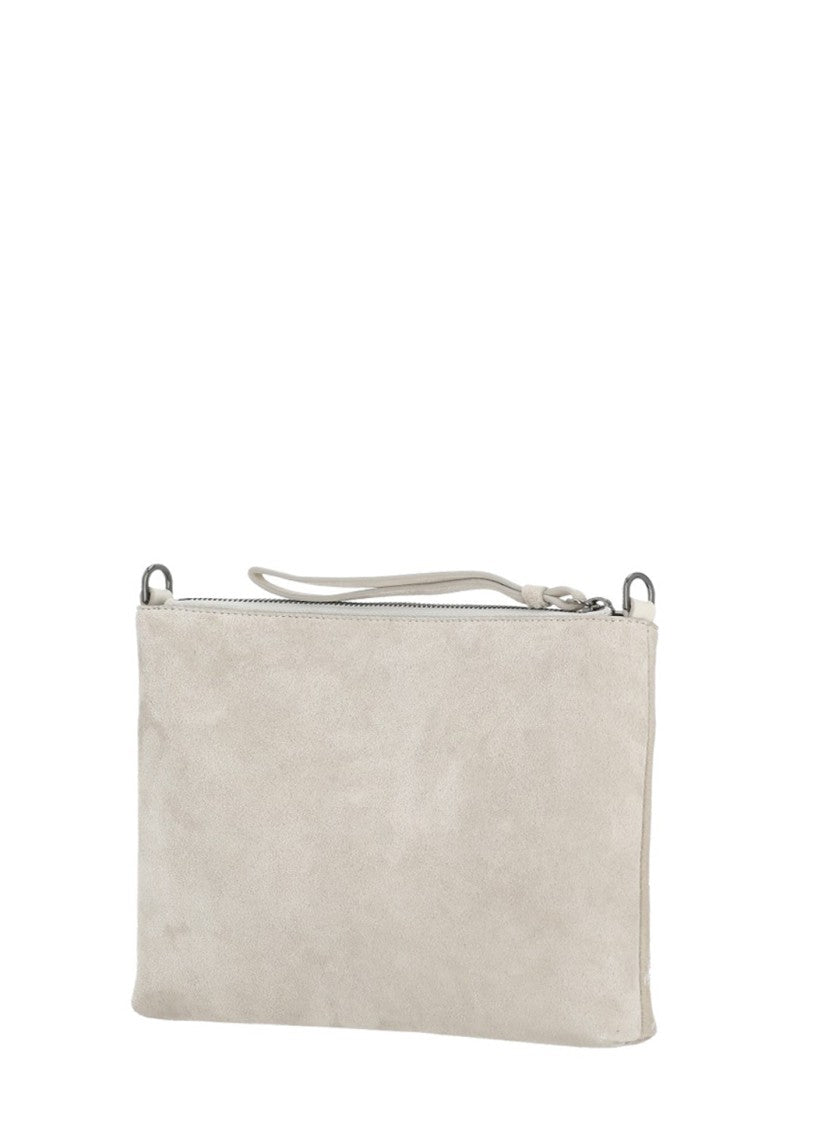 Panicale Rectangular Beige Leather Pochette With Geometric Sequin Design