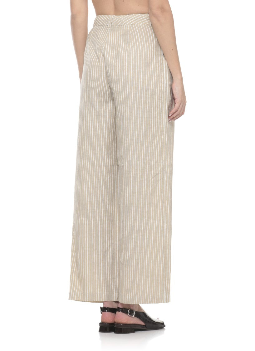 120% Lino Beige Striped Fastening Linen Pants
