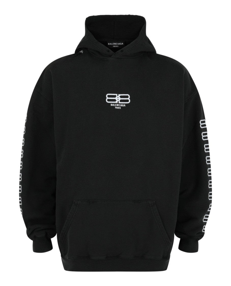 Balenciaga Oversized Black Cotton Hoodie With Embroidered Logos